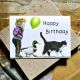This sweet card is for a child’s birthday. It features a wee girl, a duck and a black-and-white cat all walking in a line. The girl is holding a green balloon – perhaps some sort of birthday parade?