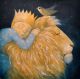 A sleeping boy king snuggles with a lion and a bird