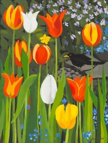 Blackbird and Tulips By Sarah Gillard